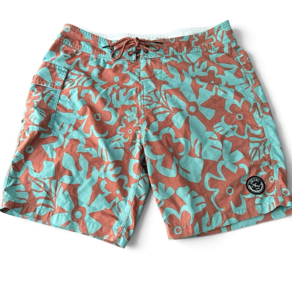Lost At Sea Board Shorts Men 33 Floral Teal Red Hawaiian Hybrid Swim Trunk Beach